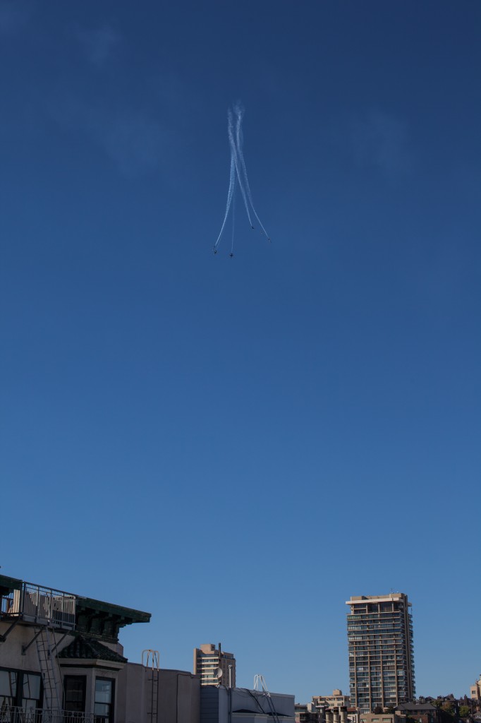 Blue Angels fly over SF during Fleet Week. Photo by Martin Totland